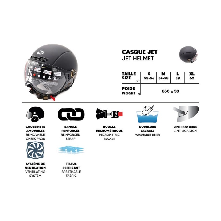 Casque JET  noir mat (taille XS à XXL)