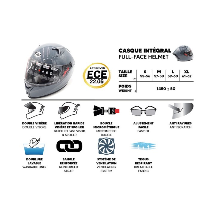 Casque intégral  gris (taille S à XL)